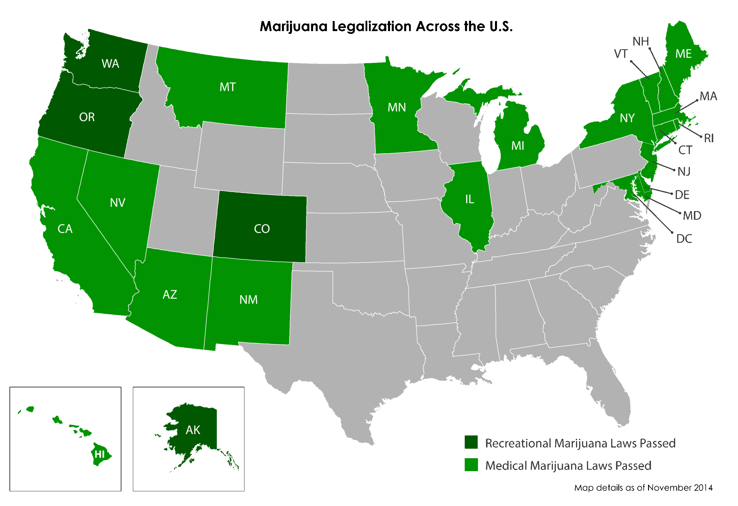 Map of U.S. States that have legalized medical or recreational Marijuana use
